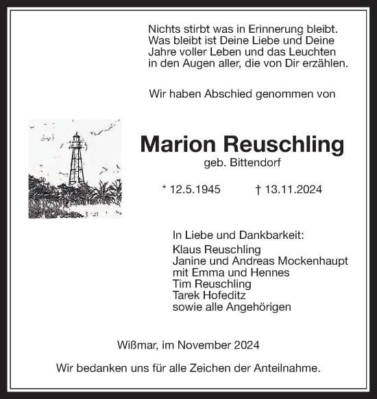Traueranzeige von Marion Reuschling von Giessener Allgemeine, Alsfelder Allgemeine, Giessener Anzeiger