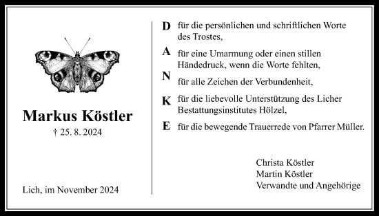 Traueranzeige von Markus Köstler von Licher Wochenblatt