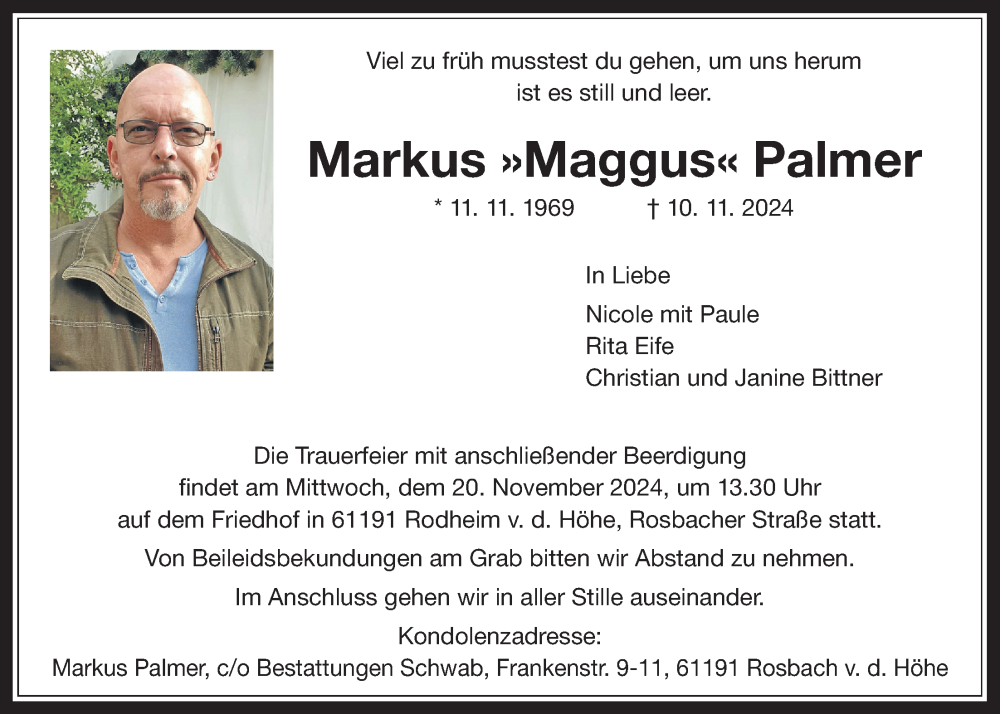  Traueranzeige für Markus Palmer vom 16.11.2024 aus Wetterauer Zeitung