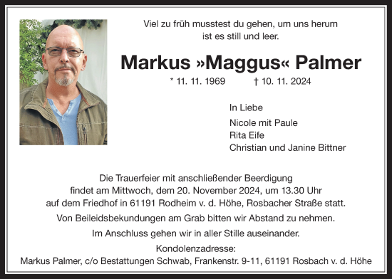 Traueranzeige von Markus Palmer von Wetterauer Zeitung