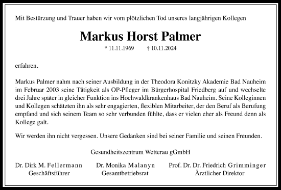 Traueranzeige von Markus Horst Palmer von Wetterauer Zeitung