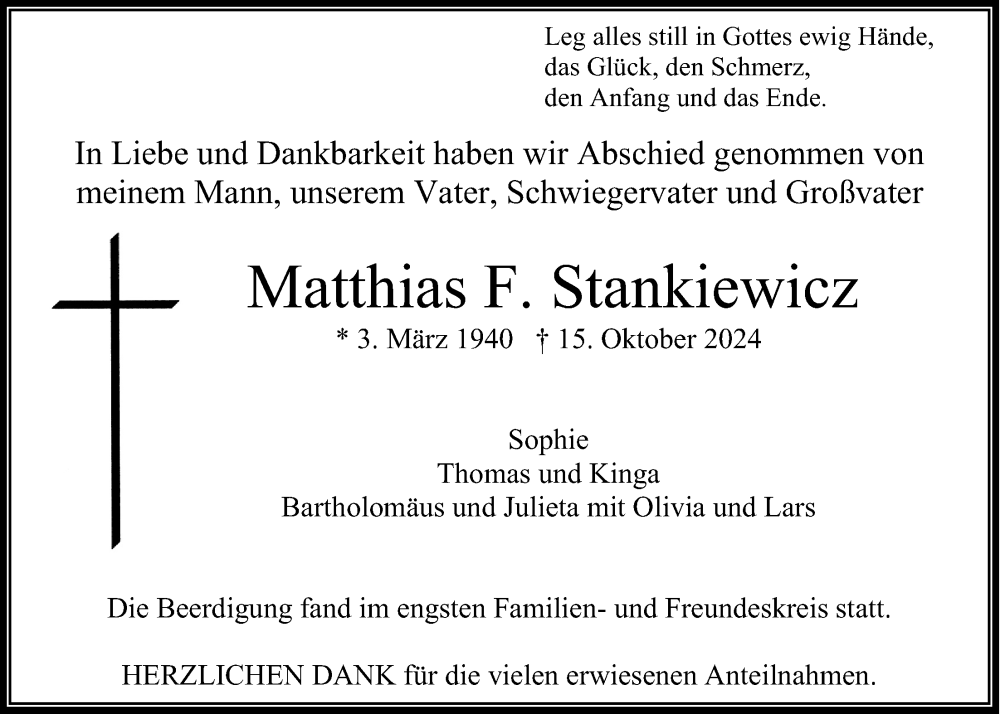  Traueranzeige für Matthias F. Stankiewicz vom 09.11.2024 aus Usinger Anzeiger, Usinger Anzeigenblatt