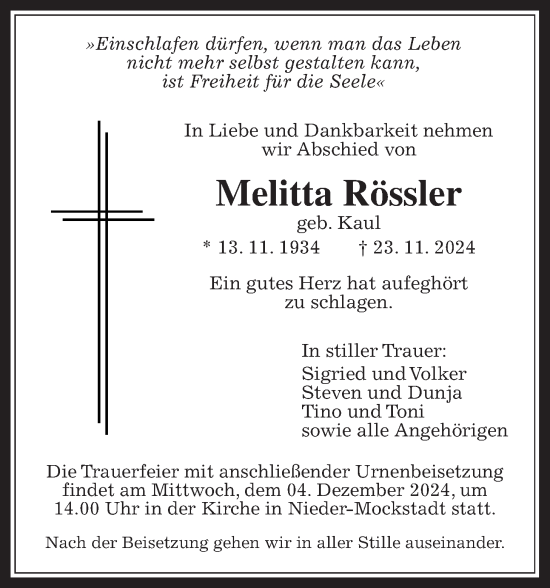 Traueranzeige von Melitta Rössler von Kreis-Anzeiger