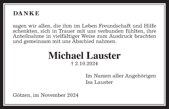 Traueranzeige von Michael Lauster von Kreis-Anzeiger