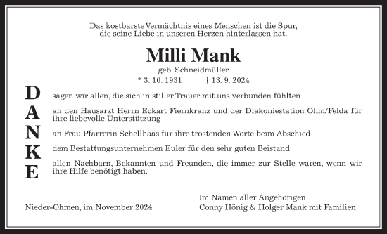 Traueranzeige von Milli Mank von Giessener Allgemeine, Alsfelder Allgemeine
