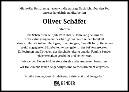 Traueranzeige von Oliver Schäfer von Giessener Allgemeine, Alsfelder Allgemeine, Giessener Anzeiger