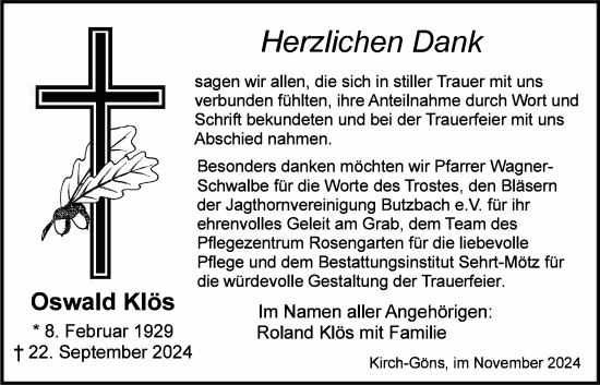 Traueranzeige von Oswald Klös von Butzbacher Zeitung