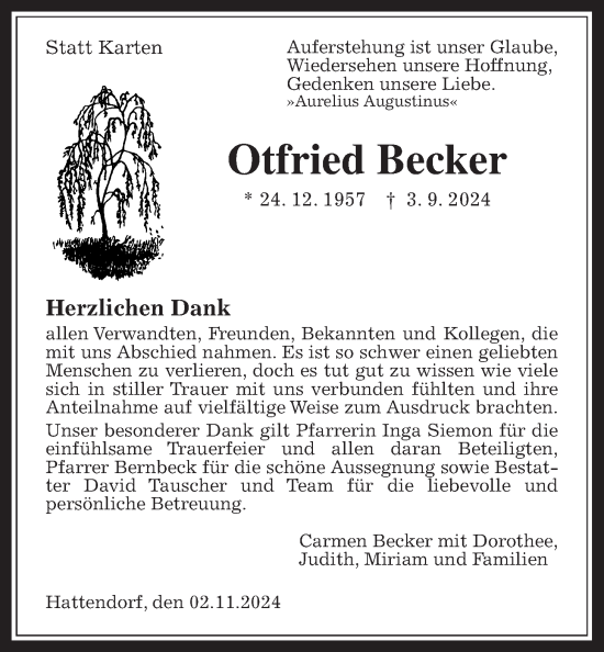 Traueranzeige von Otfried Becker von Oberhessische Zeitung
