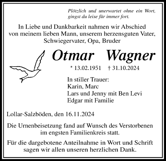 Traueranzeige von Otmar Wagner von Giessener Anzeiger