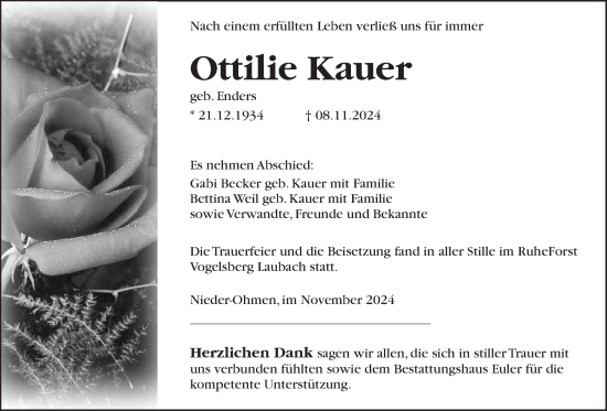 Traueranzeige von Ottilie Kauer von Mücker Stimme, Giessener Allgemeine, Alsfelder Allgemeine