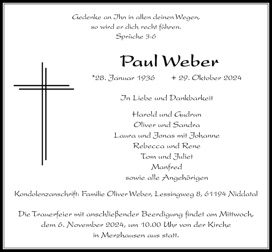 Traueranzeige von Paul Weber von Usinger Anzeiger