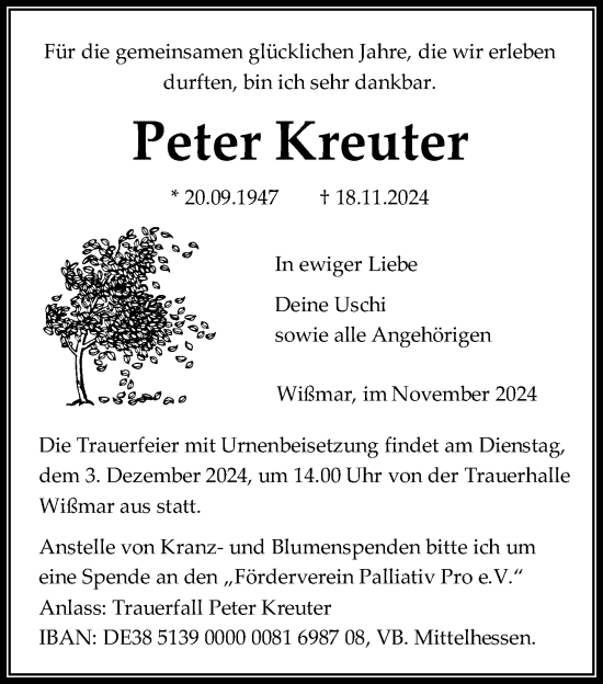 Traueranzeige von Peter Kreuter von Giessener Allgemeine, Alsfelder Allgemeine