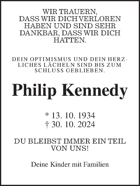 Traueranzeige von Philip Kennedy von Usinger Anzeiger