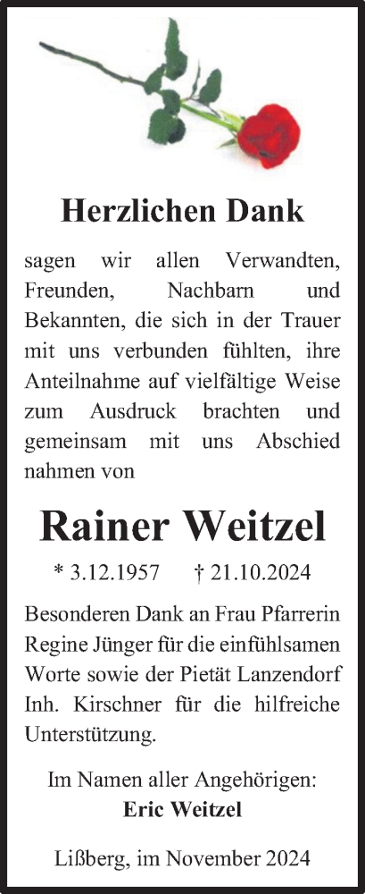 Traueranzeige von Rainer Weitzel von Kreis-Anzeiger