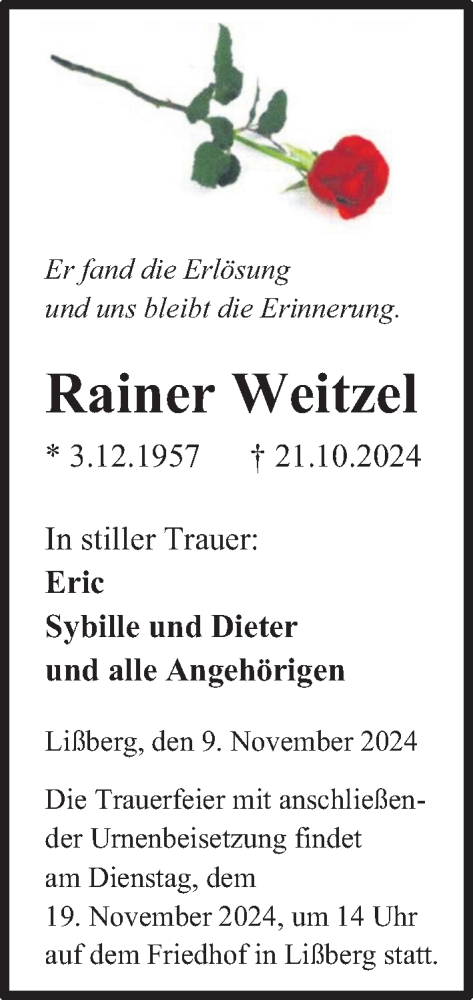 Traueranzeige von Rainer Weitzel von Kreis-Anzeiger