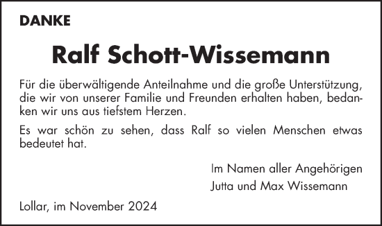 Traueranzeige von Ralf Schott-Wissemann von Giessener Allgemeine, Alsfelder Allgemeine, Giessener Anzeiger