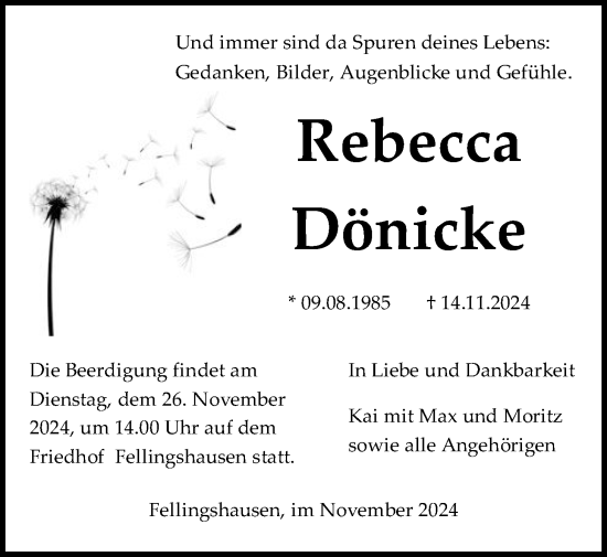 Traueranzeige von Rebecca Dönicke von Giessener Allgemeine, Alsfelder Allgemeine