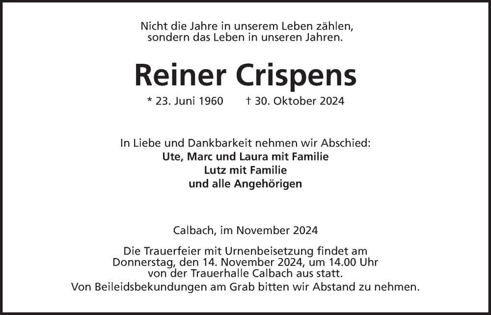  Traueranzeige für Reiner Crispens vom 09.11.2024 aus Kreis-Anzeiger