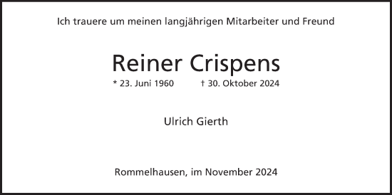 Traueranzeige von Reiner Crispens von Kreis-Anzeiger