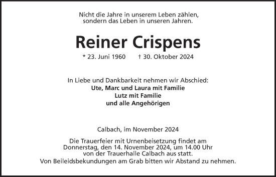 Traueranzeige von Reiner Crispens von Kreis-Anzeiger