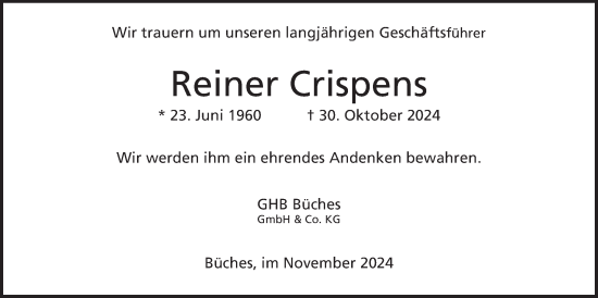 Traueranzeige von Reiner Crispens von Kreis-Anzeiger
