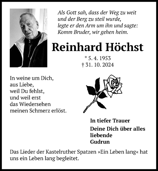 Traueranzeige von Reinhard Höchst von Giessener Allgemeine, Alsfelder Allgemeine, Butzbacher Zeitung