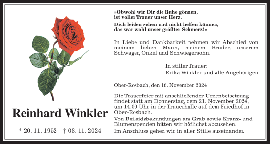 Traueranzeige von Reinhard Winkler von Wetterauer Zeitung