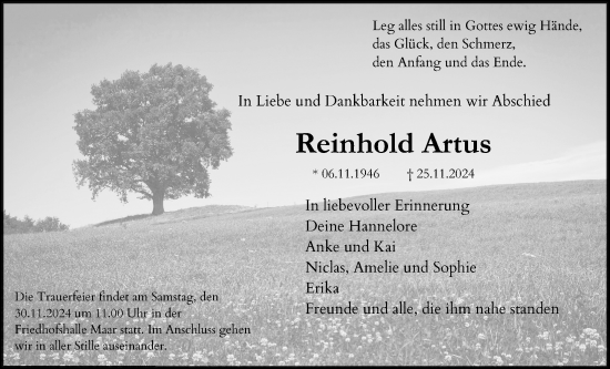 Traueranzeige von Reinhold Artus von Lauterbacher Anzeiger