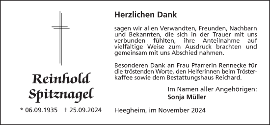 Traueranzeige von Reinhold Spitznagel von Kreis-Anzeiger