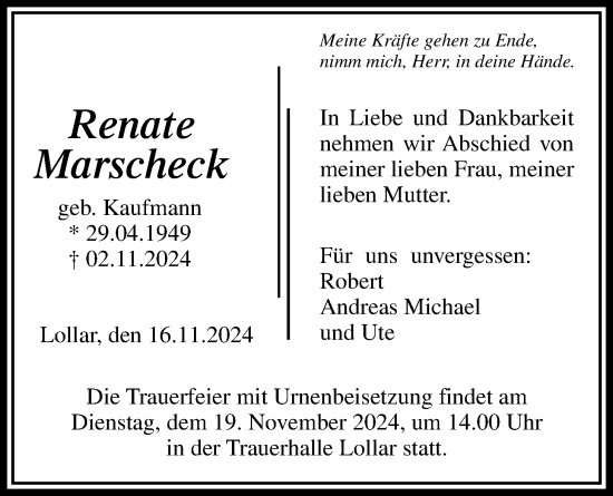 Traueranzeige von Renate Marscheck von Giessener Anzeiger