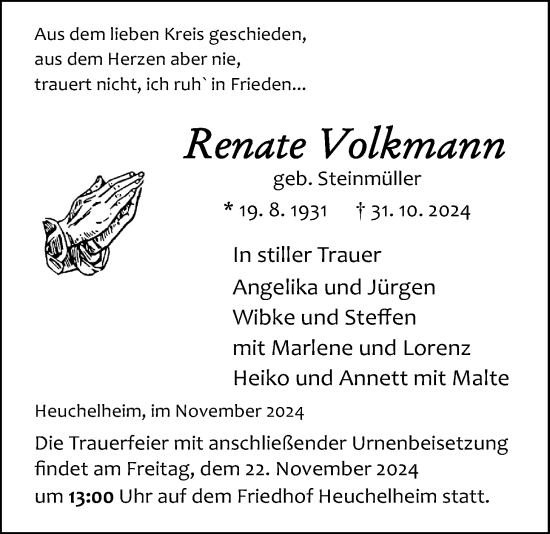 Traueranzeige von Renate Volkmann von Giessener Allgemeine, Alsfelder Allgemeine