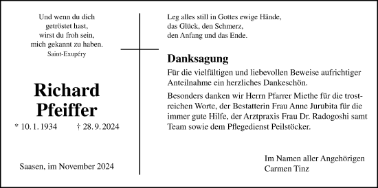 Traueranzeige von Richard Pfeiffer von Giessener Allgemeine, Alsfelder Allgemeine
