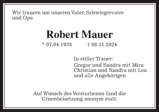 Traueranzeige von Robert Mauer von Bad Vilbel/Karben