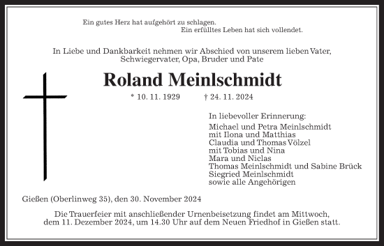 Traueranzeige von Roland Meinlschmidt von Giessener Allgemeine, Alsfelder Allgemeine, Giessener Anzeiger