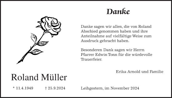 Traueranzeige von Roland Müller von Giessener Anzeiger, Giessener Allgemeine, Alsfelder Allgemeine