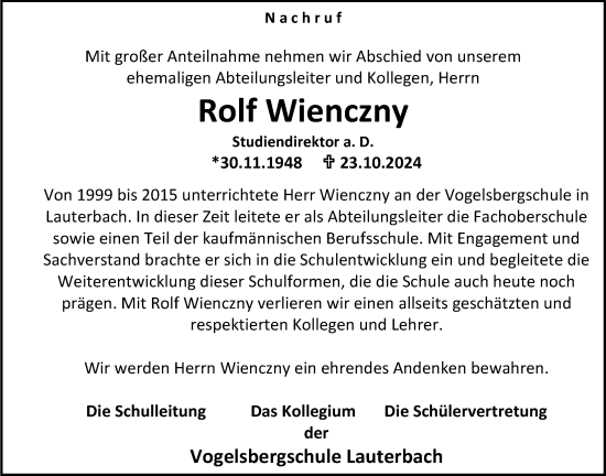 Traueranzeige von Rolf Wienczny von Lauterbacher Anzeiger