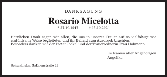 Traueranzeige von Rosario Micelotta von Wetterauer Zeitung