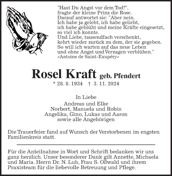 Traueranzeige von Rosel Kraft von Giessener Allgemeine, Alsfelder Allgemeine