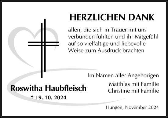 Traueranzeige von Roswitha Haubfleisch von Licher Wochenblatt