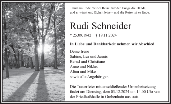 Traueranzeige von Rudi Schneider von Lauterbacher Anzeiger