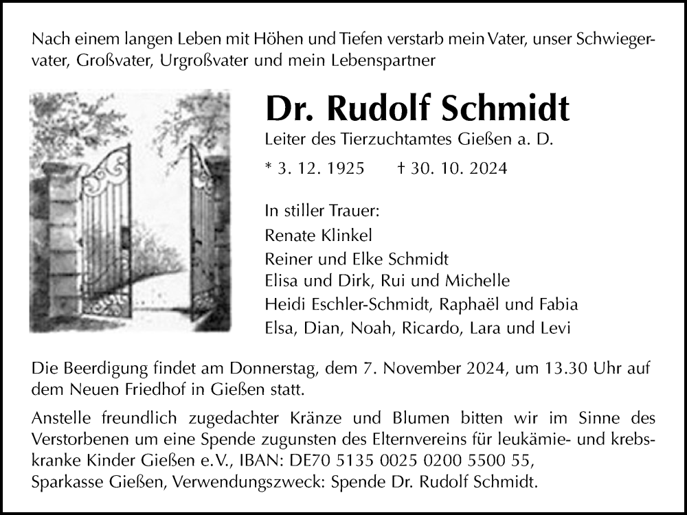  Traueranzeige für Rudolf Schmidt vom 02.11.2024 aus Giessener Anzeiger, Giessener Allgemeine, Alsfelder Allgemeine