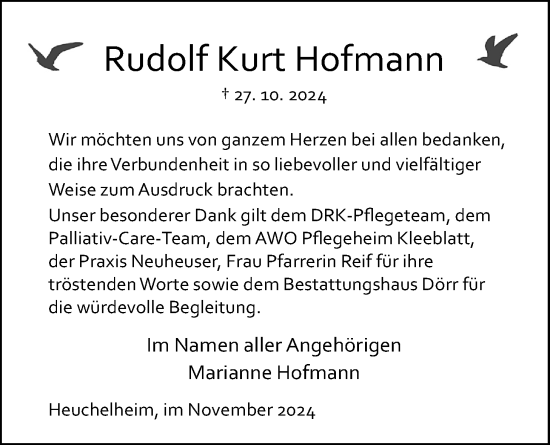 Traueranzeige von Rudolf Kurt Hofmann von Giessener Allgemeine, Alsfelder Allgemeine