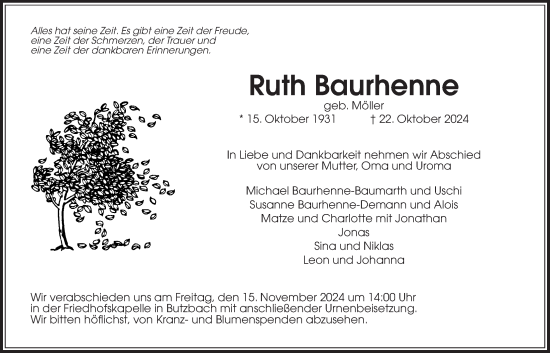 Traueranzeige von Ruth Baurhenne von Butzbacher Zeitung