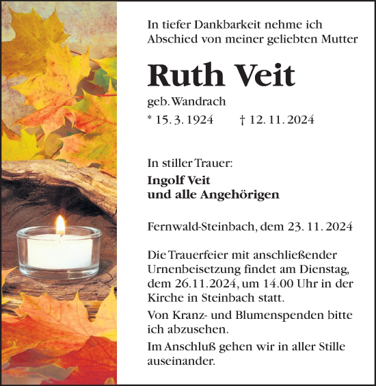 Traueranzeige von Ruth Veit von Giessener Anzeiger