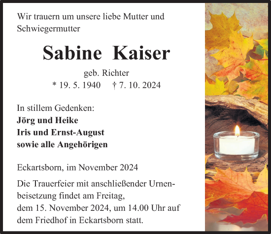 Traueranzeige von Sabine Kaiser von Kreis-Anzeiger