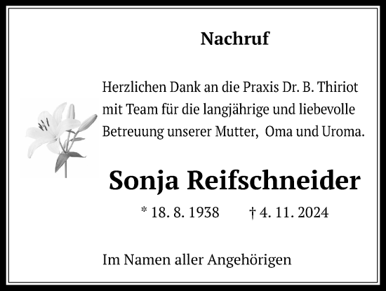 Traueranzeige von Sonja Reifschneider von Wetterauer Zeitung