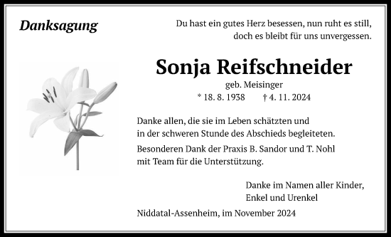 Traueranzeige von Sonja Reifschneider von Wetterauer Zeitung