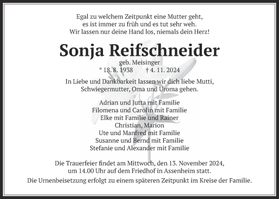 Traueranzeige von Sonja Reifschneider von Wetterauer Zeitung