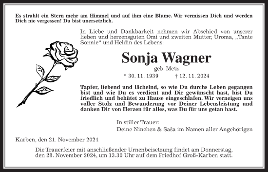 Traueranzeige von Sonja Wagner von Bad Vilbel/Karben