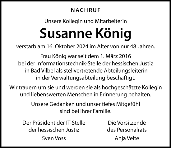 Traueranzeige von Susanne König von Bad Vilbel/Karben